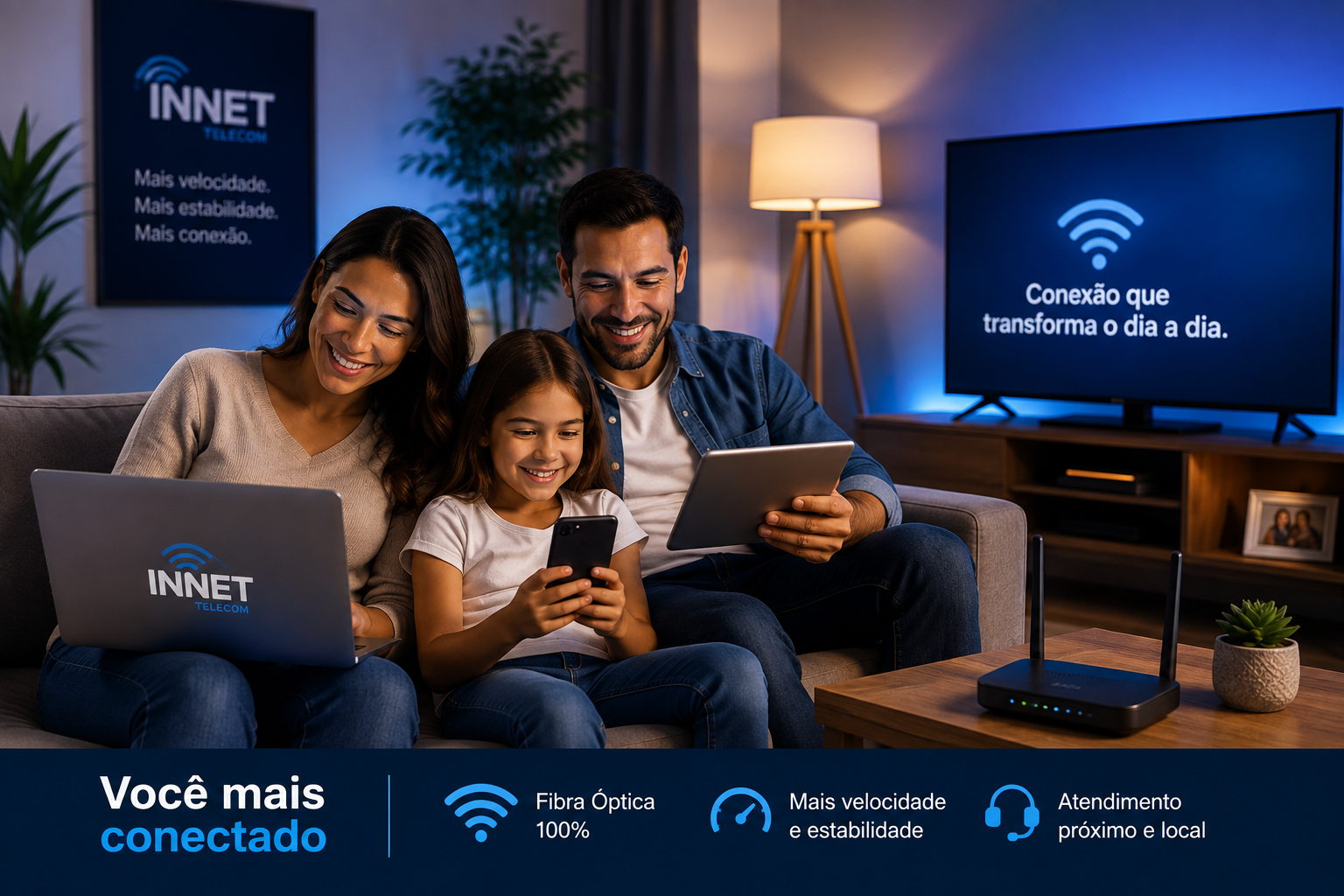 Família utilizando internet Wi-Fi da InNet Telecom